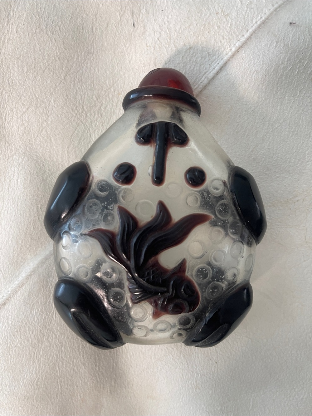 Antique Chinese Peking Glass desktop or “master” snuff bottle. Frog? Goldfish